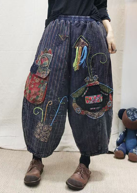 Vintage Blue Embroidered Patchwork Fine Cotton Filled Pants Winter
