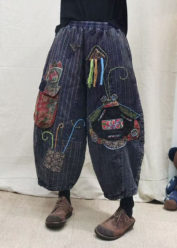 Vintage Blue Embroidered Patchwork Fine Cotton Filled Pants Winter
