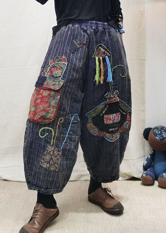 Vintage Blue Embroidered Patchwork Fine Cotton Filled Pants Winter