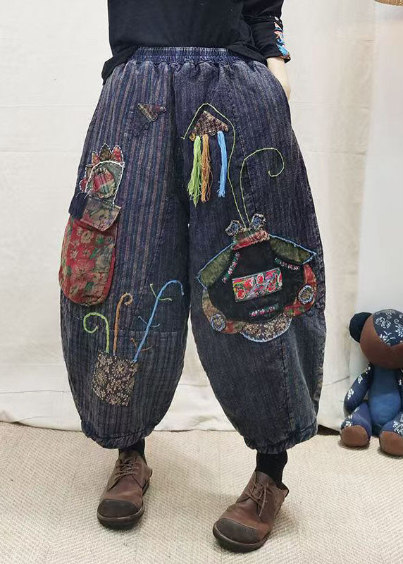 Vintage Blue Embroidered Patchwork Fine Cotton Filled Pants Winter