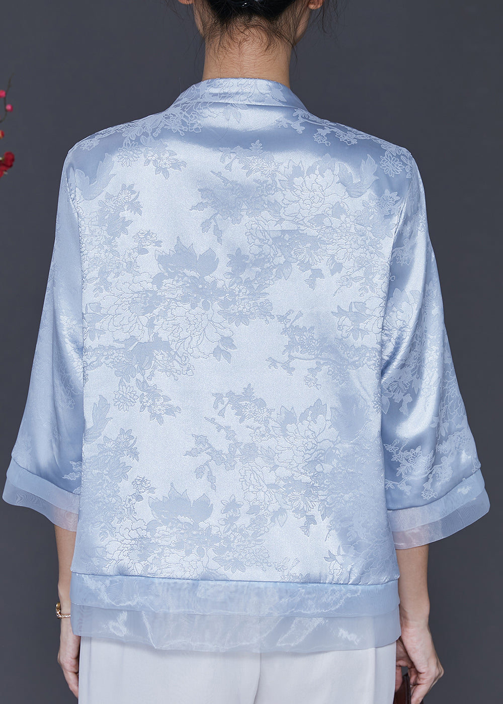 Vintage Blue Embroidered Patchwork Oriental Silk Blouses Spring
