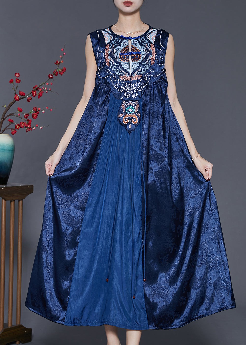 Vintage Blue Embroidered Patchwork Silk Dress Sleeveless