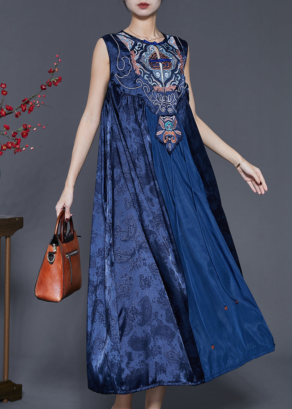 Vintage Blue Embroidered Patchwork Silk Dress Sleeveless