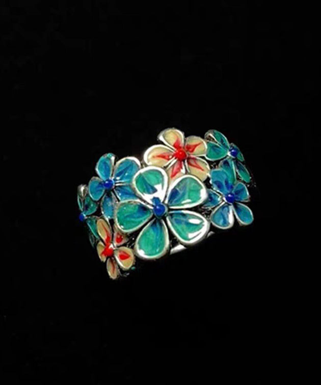 Vintage Blue Glaze Flower Adjustable Alloy Rings - Omychic