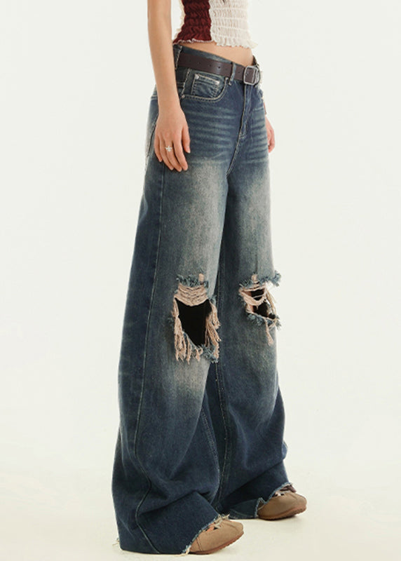 Vintage Blue High Waist Wide Leg Ripped Jeans Fall