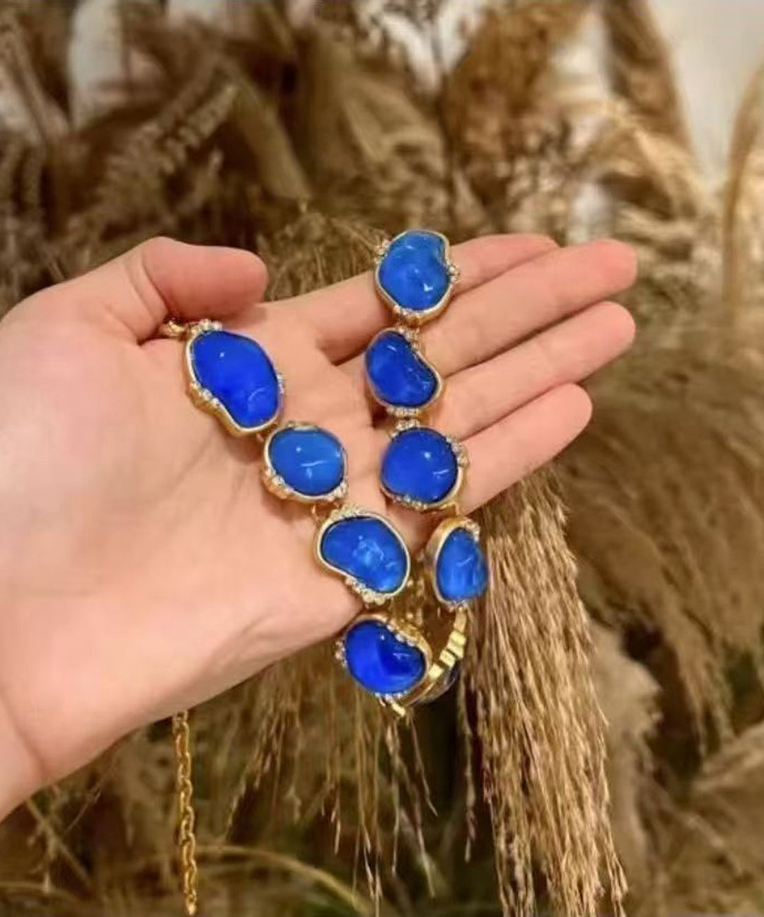 Vintage Blue Imitation Gem Zircon Gold Plated Necklace