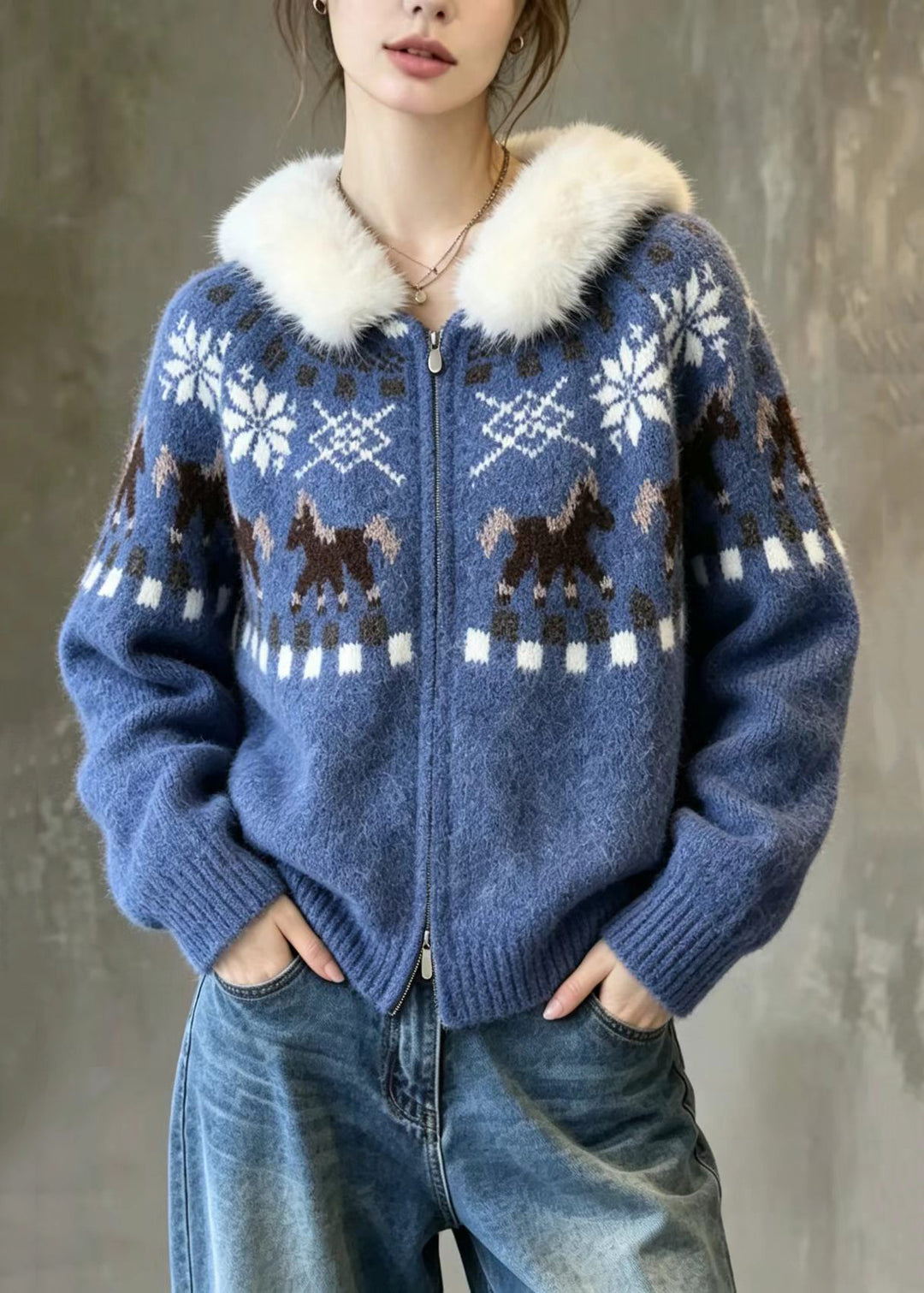 Vintage Blue Jacquard Faux Fur Trim Hooded Double Zip Knit Cardigan Fall