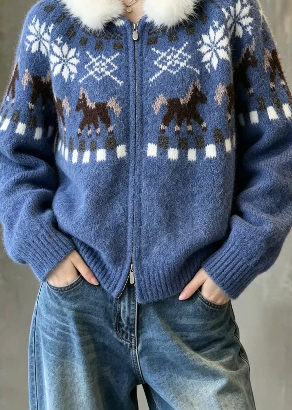 Vintage Blue Jacquard Faux Fur Trim Hooded Double Zip Knit Cardigan Fall