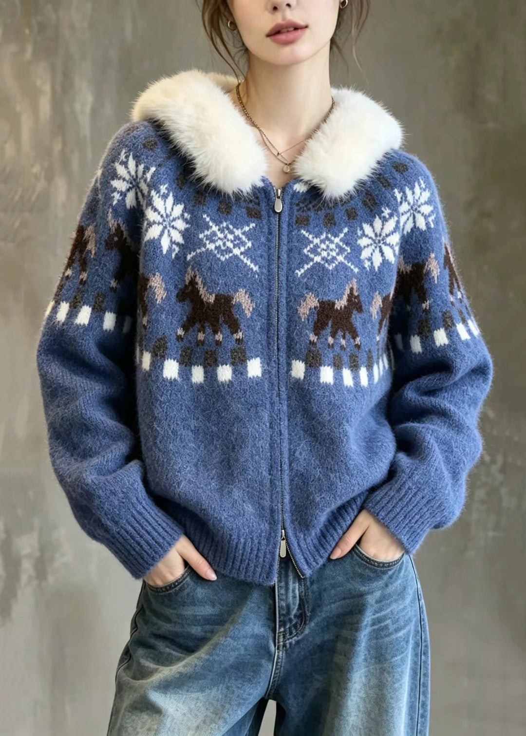 Vintage Blue Jacquard Faux Fur Trim Hooded Double Zip Knit Cardigan Fall