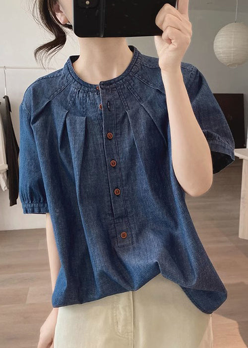 Vintage Blue O Neck Button Denim T Shirts Summer