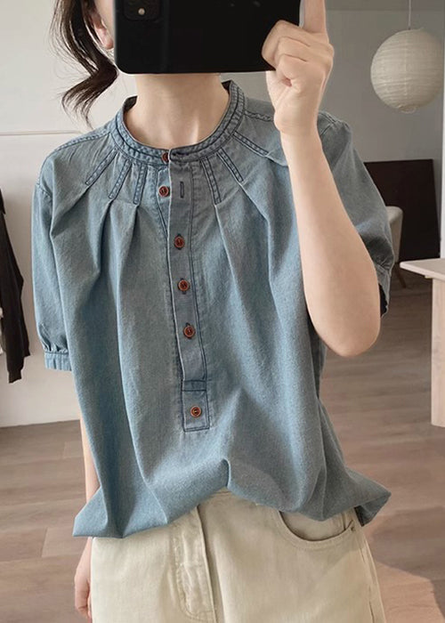 Vintage Blue O Neck Button Denim T Shirts Summer