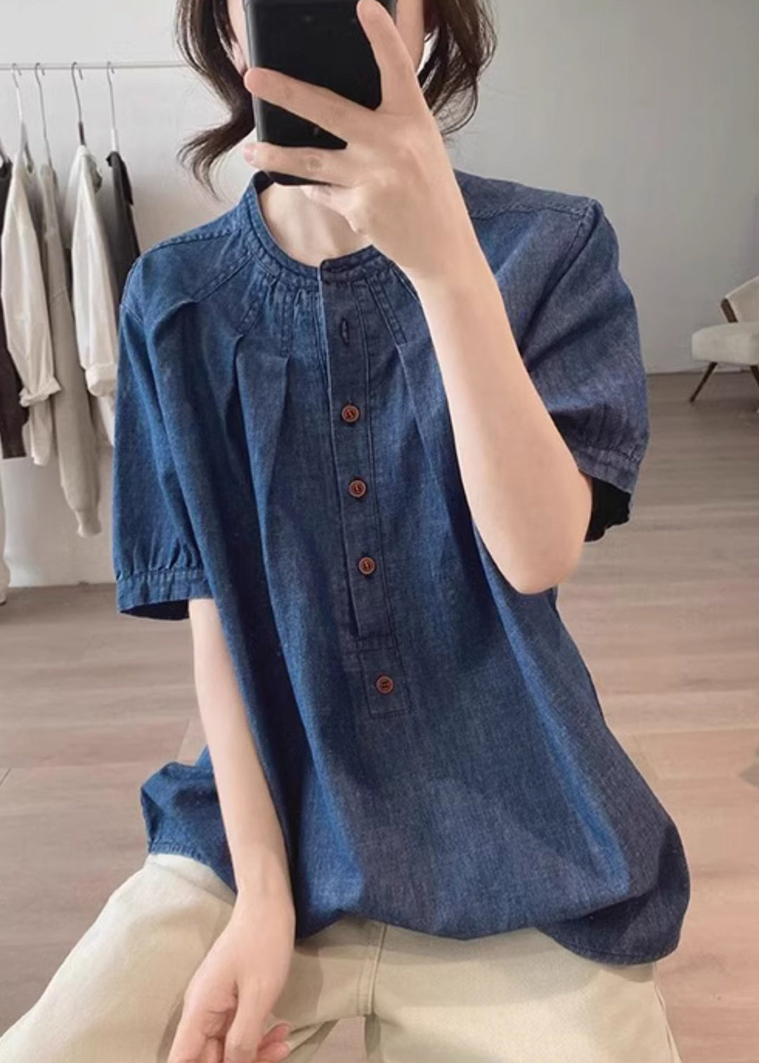 Vintage Blue O Neck Button Denim T Shirts Summer