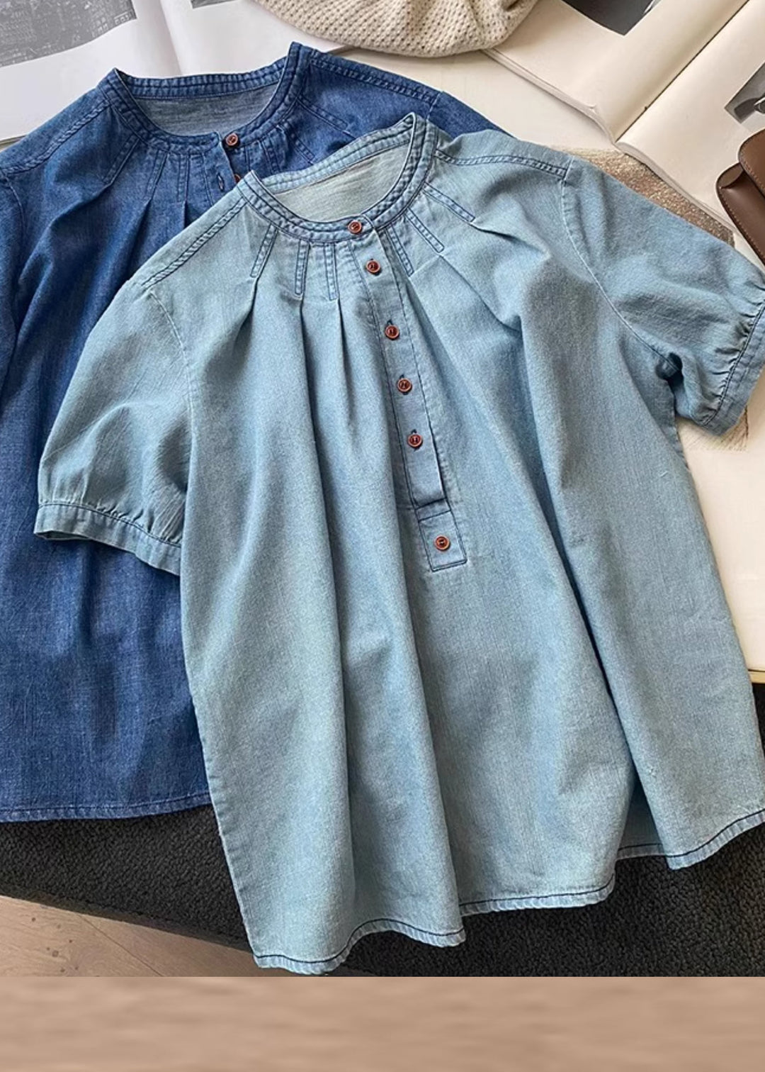 Vintage Blue O Neck Button Denim T Shirts Summer