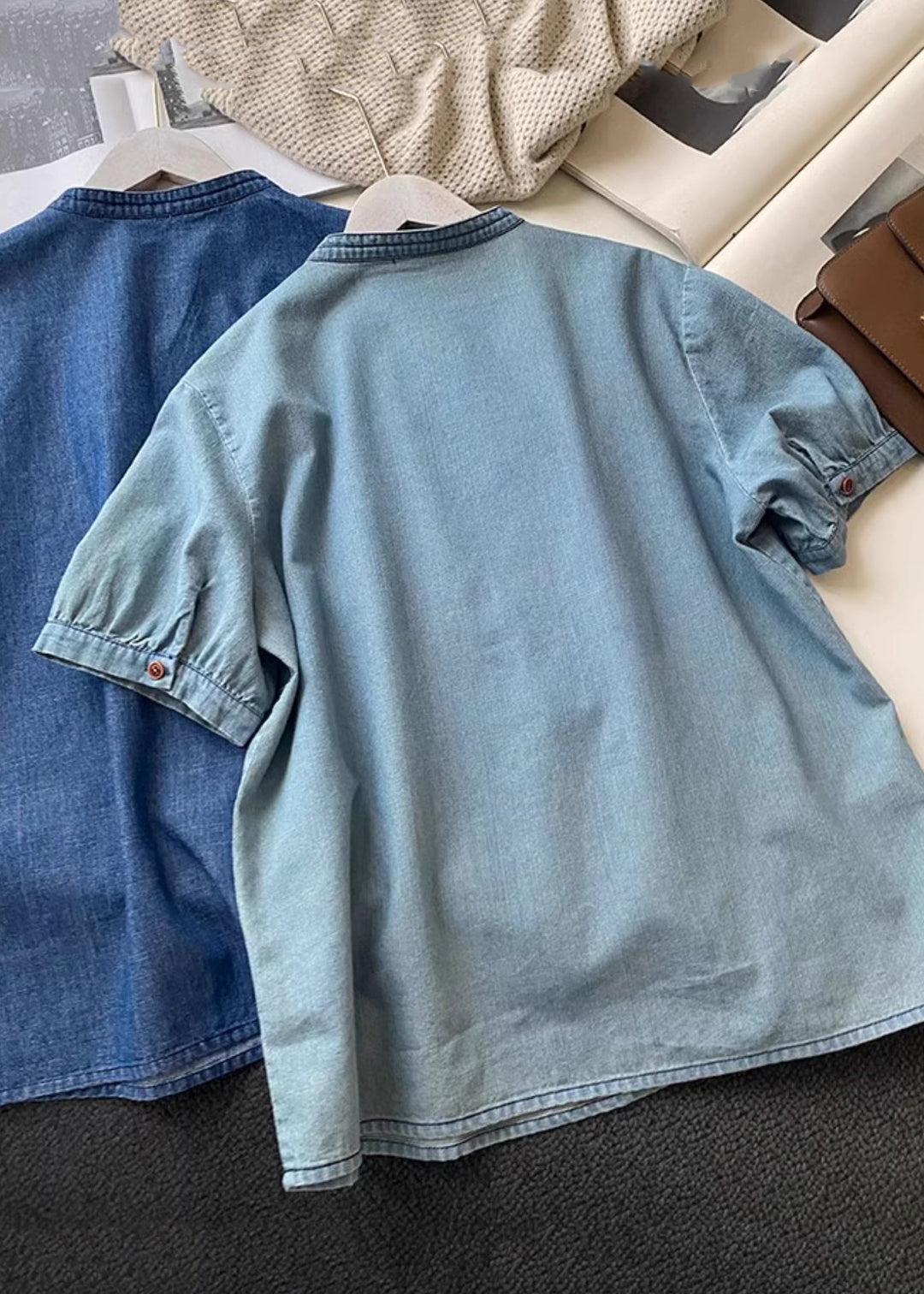 Vintage Blue O Neck Button Denim T Shirts Summer