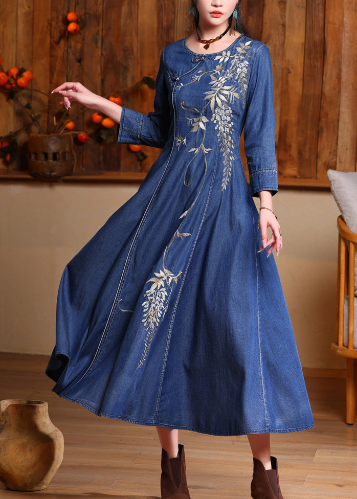 Vintage Blue O-Neck Embroidered Button Long Denim Dresses Spring