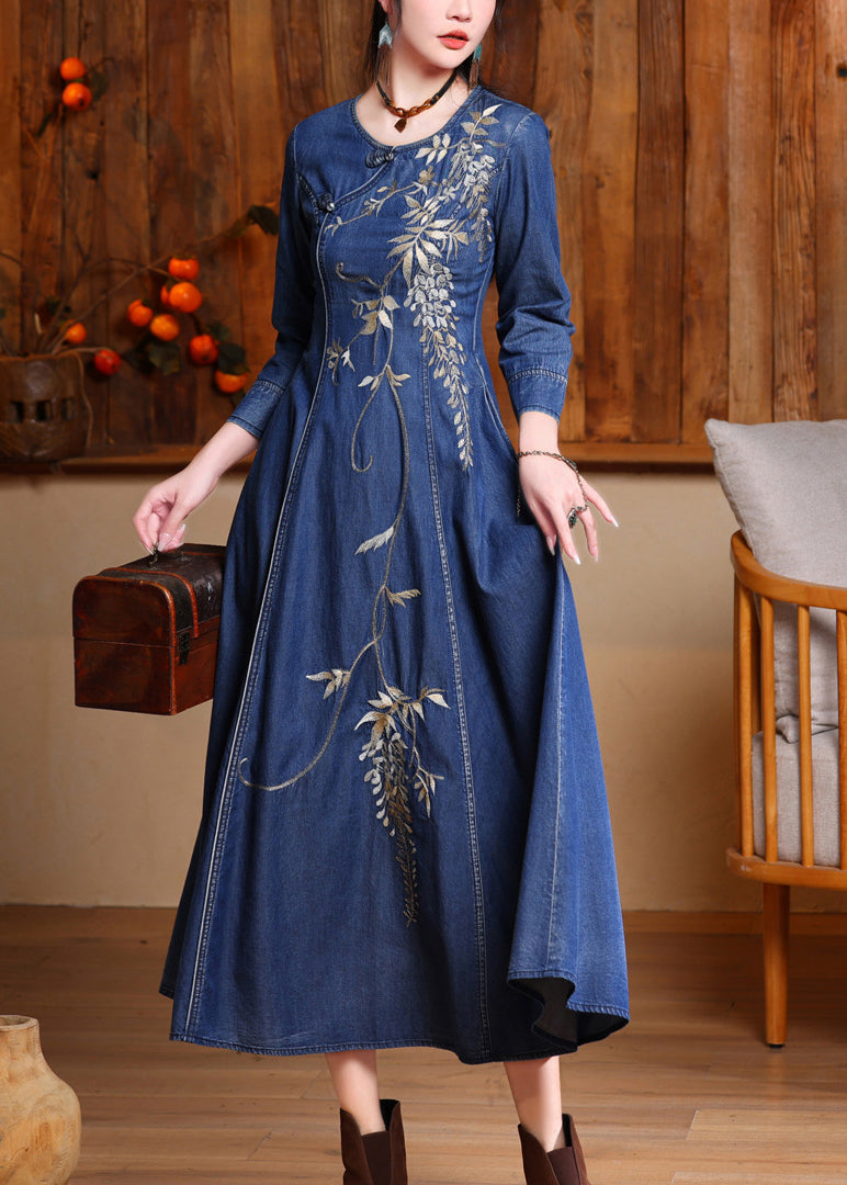 Vintage Blue O-Neck Embroidered Button Long Denim Dresses Spring