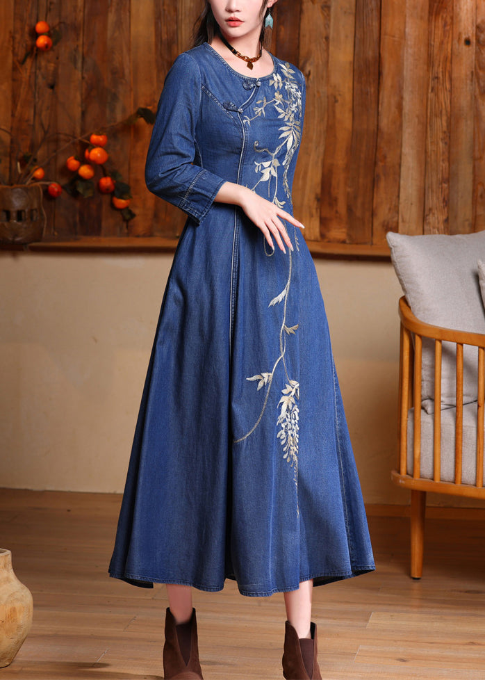 Vintage Blue O-Neck Embroidered Button Long Denim Dresses Spring