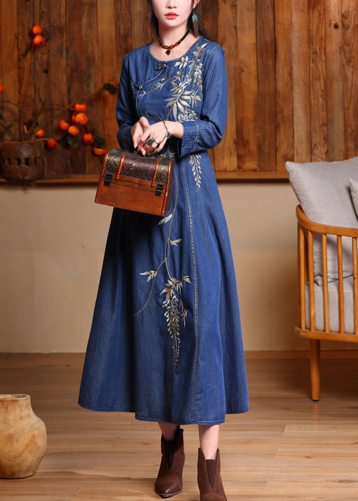 Vintage Blue O-Neck Embroidered Button Long Denim Dresses Spring