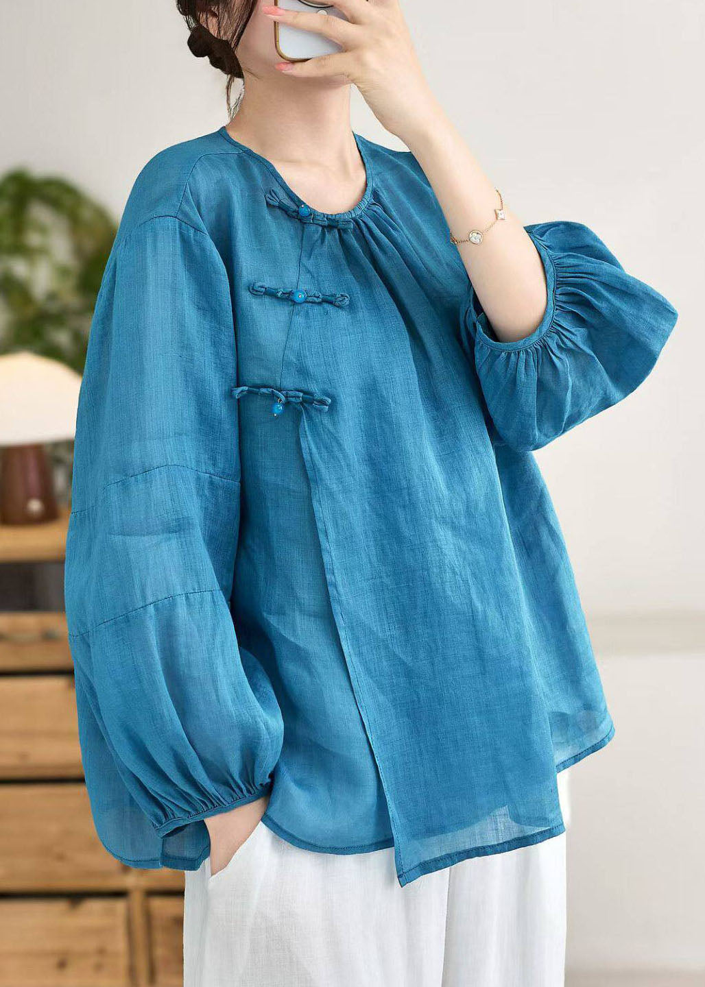 Vintage Blue O Neck Oriental Button Linen Shirt Top Lantern Sleeve