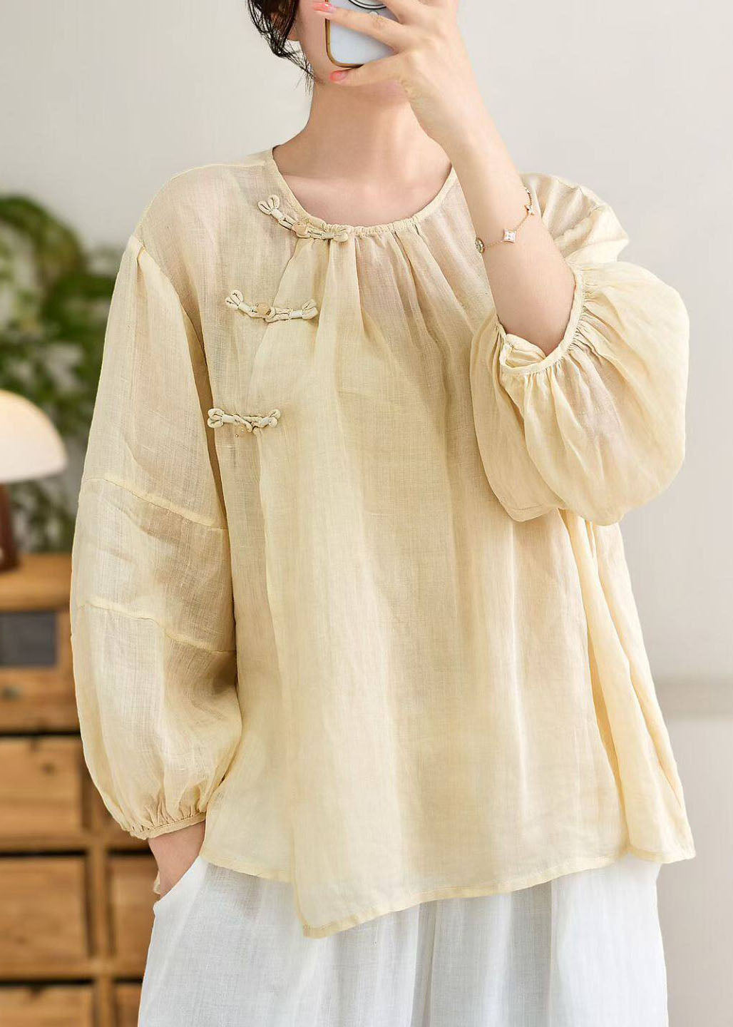 Vintage Blue O Neck Oriental Button Linen Shirt Top Lantern Sleeve