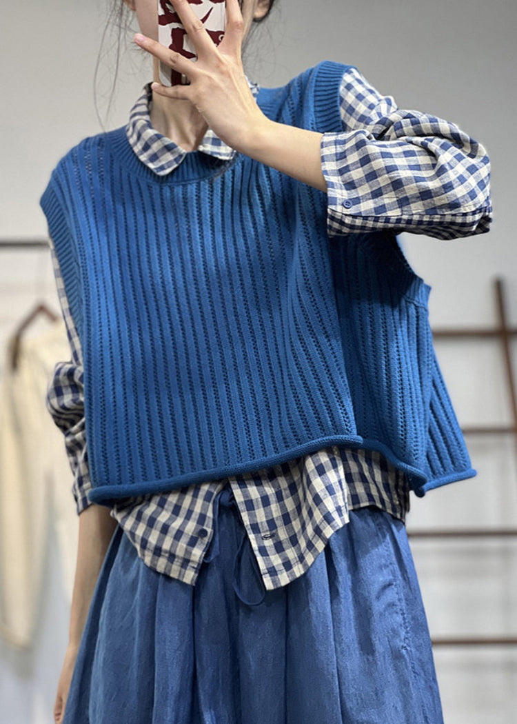 Vintage Blue O-Neck Oversized Knit Vest Top Spring - Omychic