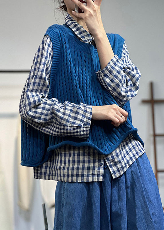 Vintage Blue O-Neck Oversized Knit Vest Top Spring - Omychic