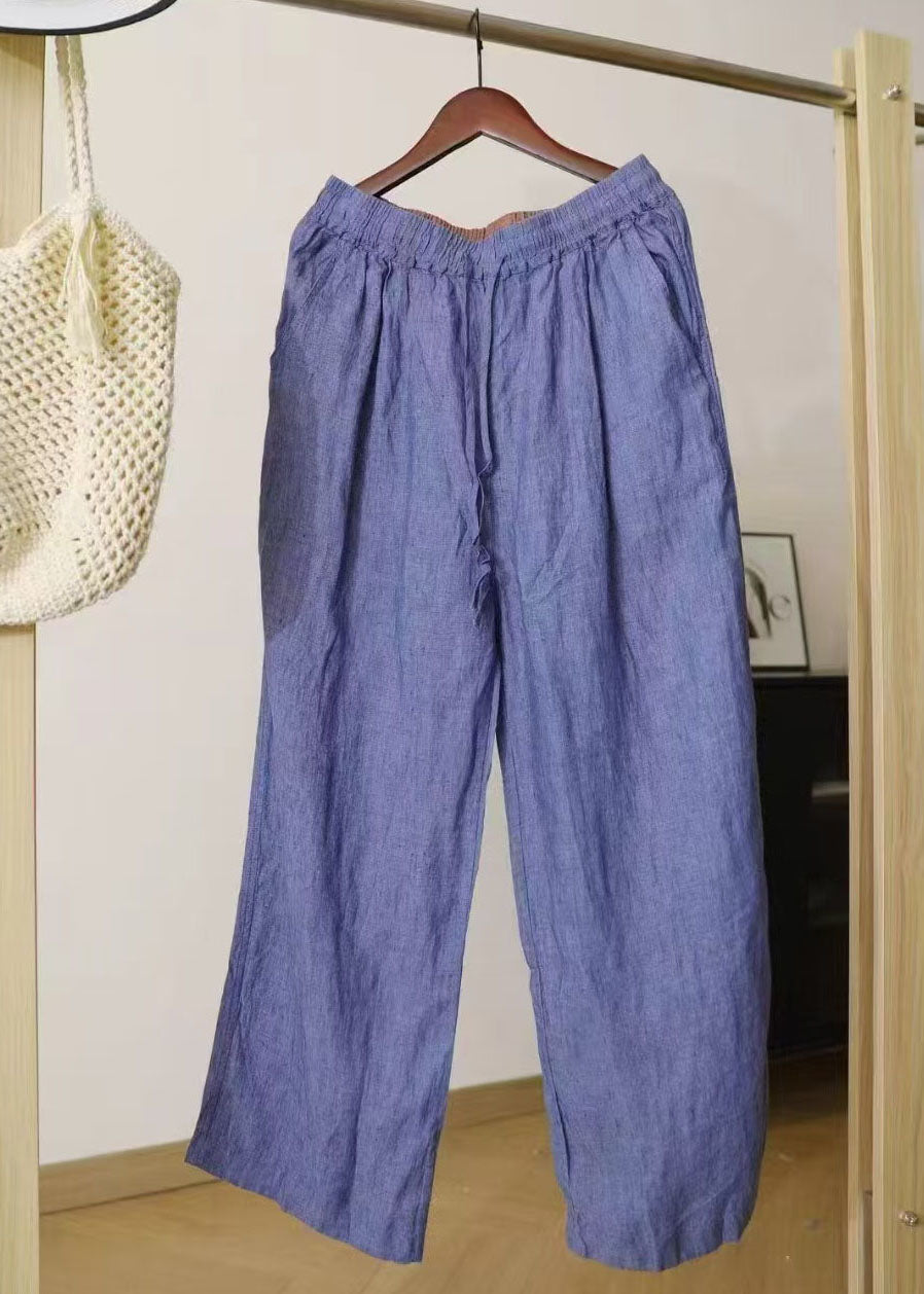 Vintage Blue Oversized Linen Straight Pants Summer