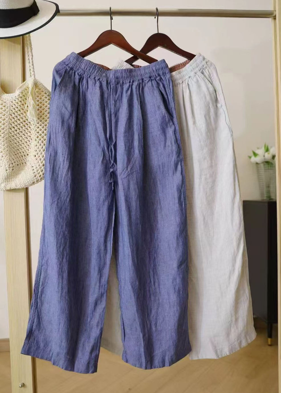 Vintage Blue Oversized Linen Straight Pants Summer