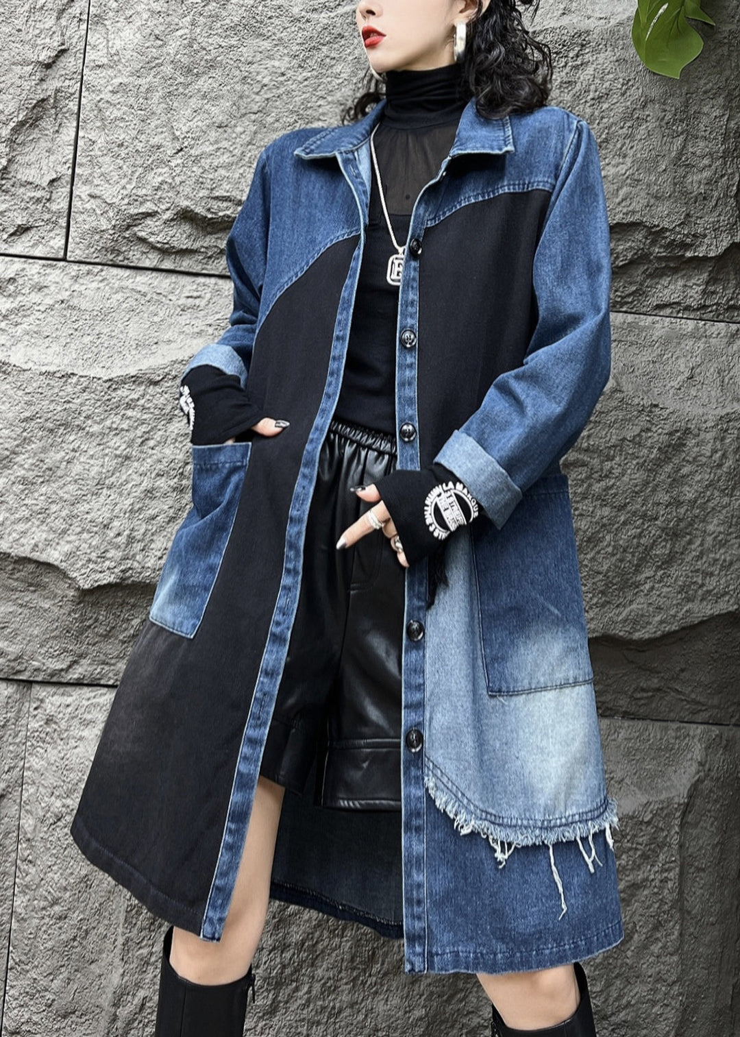 Vintage Blue Peter Pan Collar Button Pockets Denim Long Trench Coats Fall