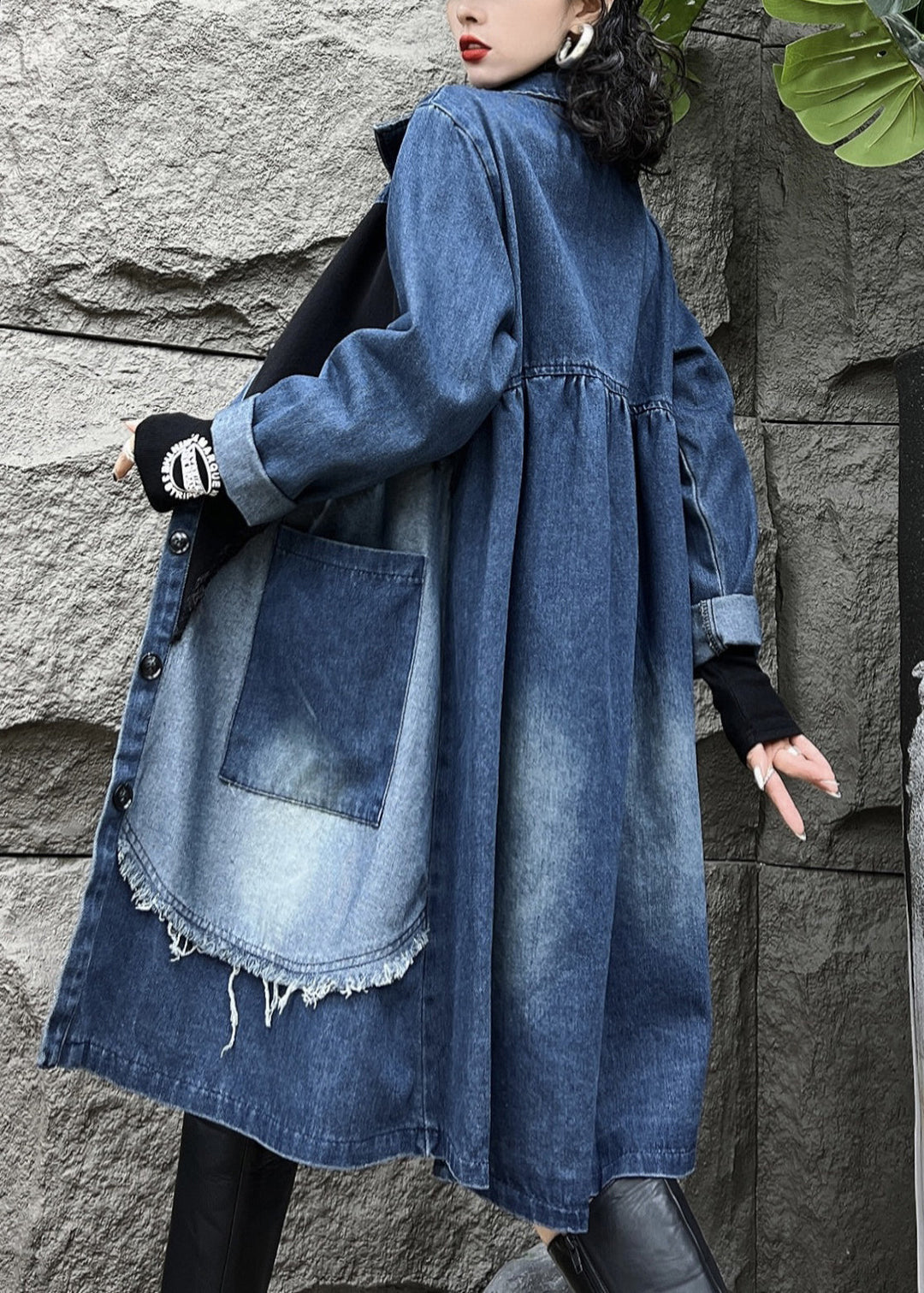 Vintage Blue Peter Pan Collar Button Pockets Denim Long Trench Coats Fall