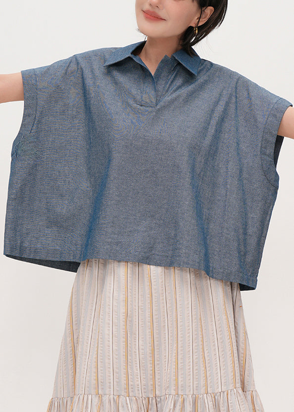 Vintage Blue Peter Pan Collar Oversized Cotton Shirts Summer