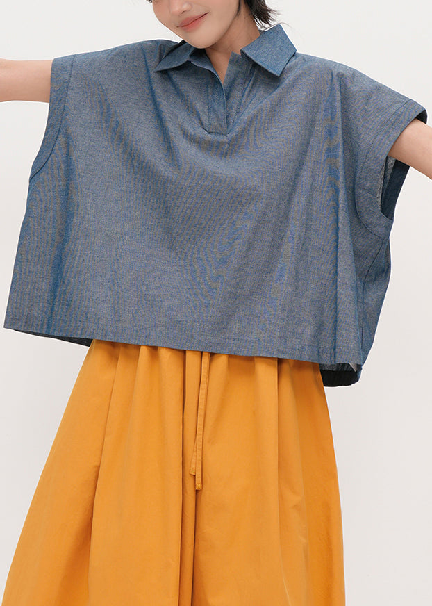 Vintage Blue Peter Pan Collar Oversized Cotton Shirts Summer