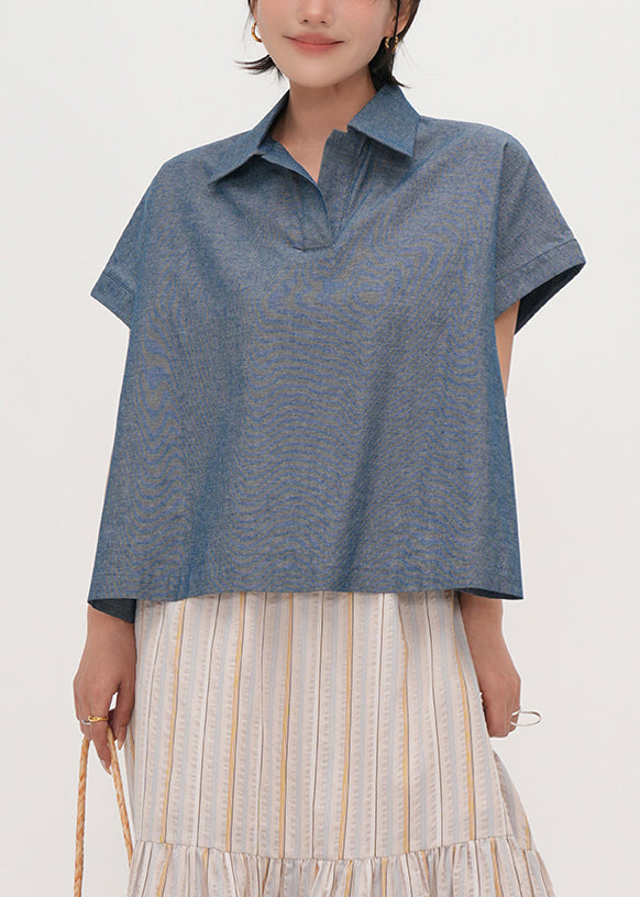 Vintage Blue Peter Pan Collar Oversized Cotton Shirts Summer