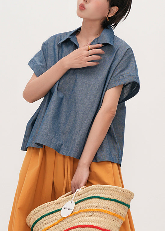Vintage Blue Peter Pan Collar Oversized Cotton Shirts Summer