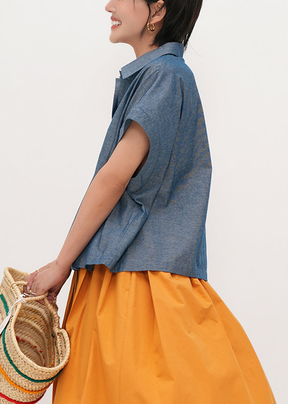 Vintage Blue Peter Pan Collar Oversized Cotton Shirts Summer