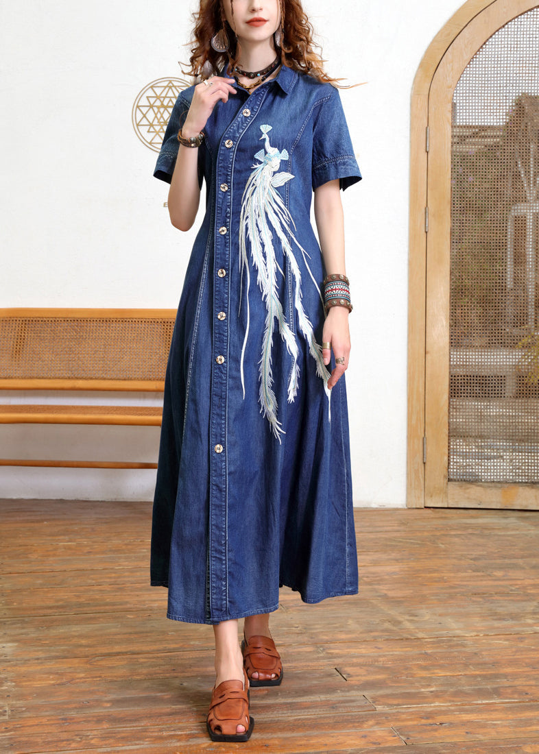 Vintage Blue Peter Pan Collar Patchwork Button Long Denim Dress Short Sleeve