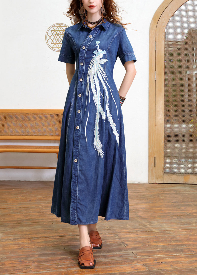 Vintage Blue Peter Pan Collar Patchwork Button Long Denim Dress Short Sleeve