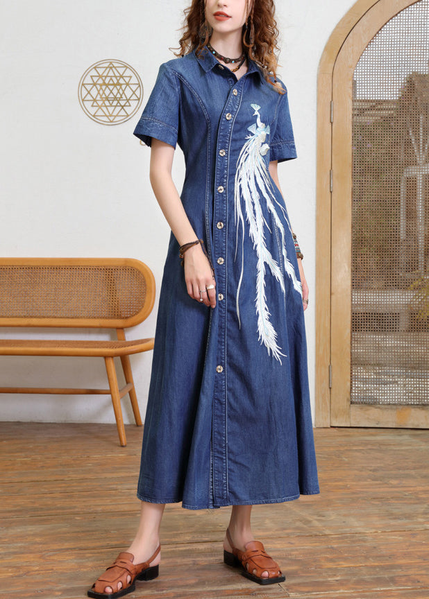 Vintage Blue Peter Pan Collar Patchwork Button Long Denim Dress Short Sleeve
