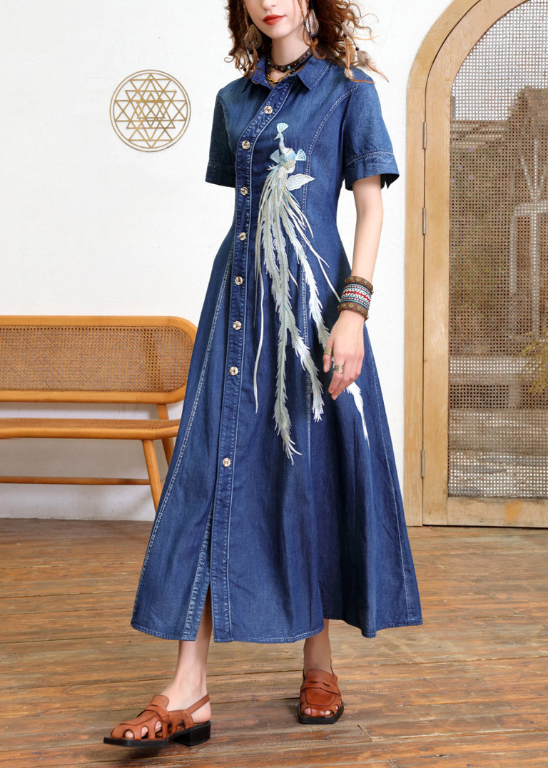Vintage Blue Peter Pan Collar Patchwork Button Long Denim Dress Short Sleeve