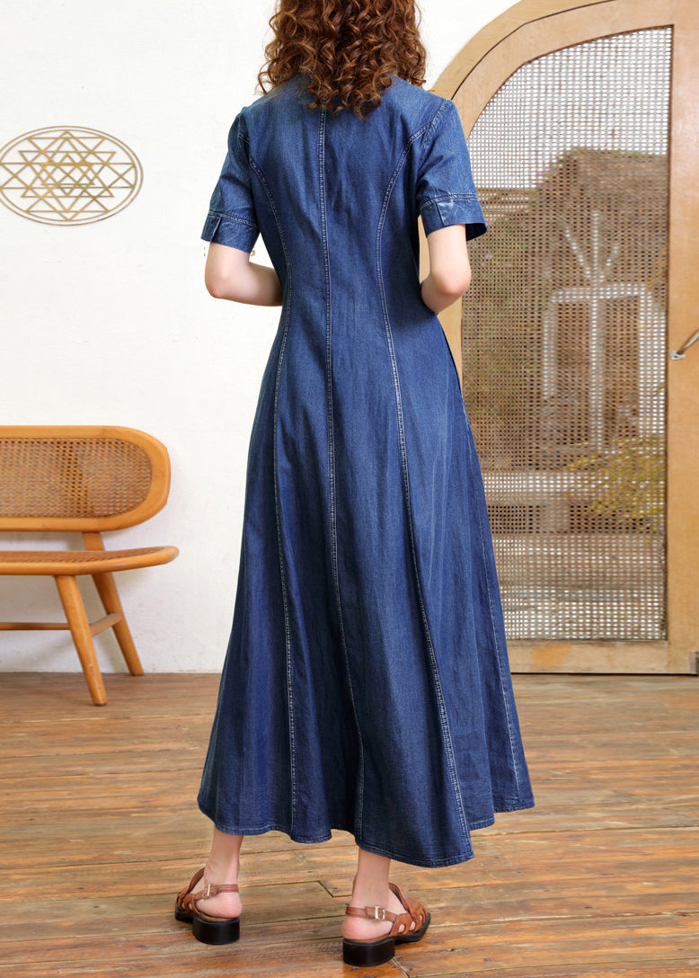 Vintage Blue Peter Pan Collar Patchwork Button Long Denim Dress Short Sleeve