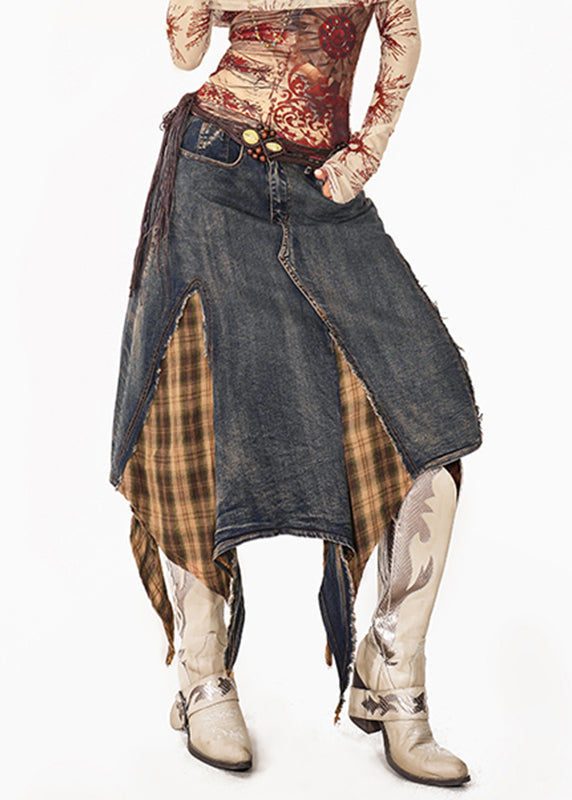 Vintage Blue Plaid Patchwork Denim Maxi Skirts