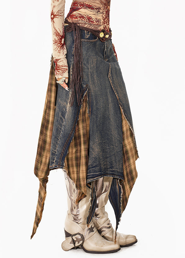 Vintage Blue Plaid Patchwork Denim Maxi Skirts