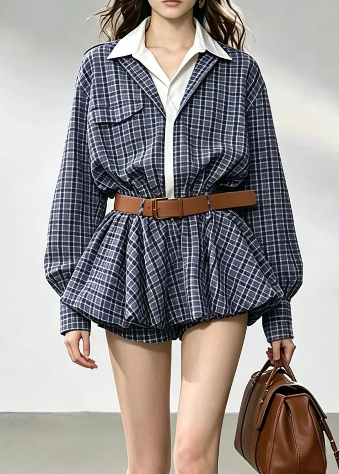 Vintage Blue Plaid Turn-Down Collar Faux Two Piece Mini Dress Fall