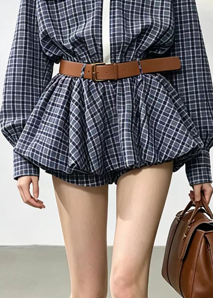 Vintage Blue Plaid Turn-Down Collar Faux Two Piece Mini Dress Fall
