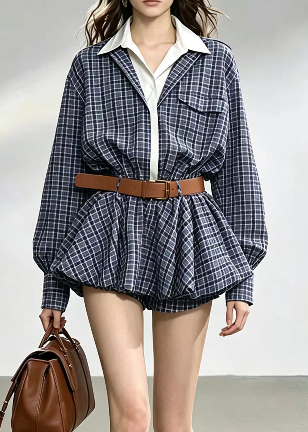 Vintage Blue Plaid Turn-Down Collar Faux Two Piece Mini Dress Fall
