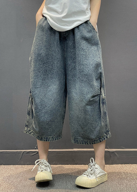 Vintage Blue Pockets Patchwork Crop Jeans Summer