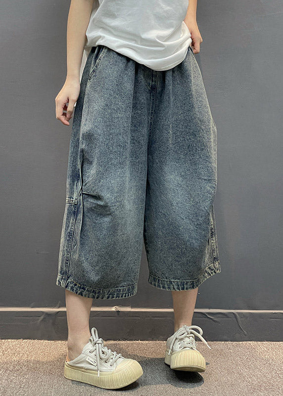 Vintage Blue Pockets Patchwork Crop Jeans Summer