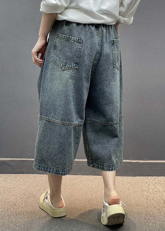 Vintage Blue Pockets Patchwork Crop Jeans Summer