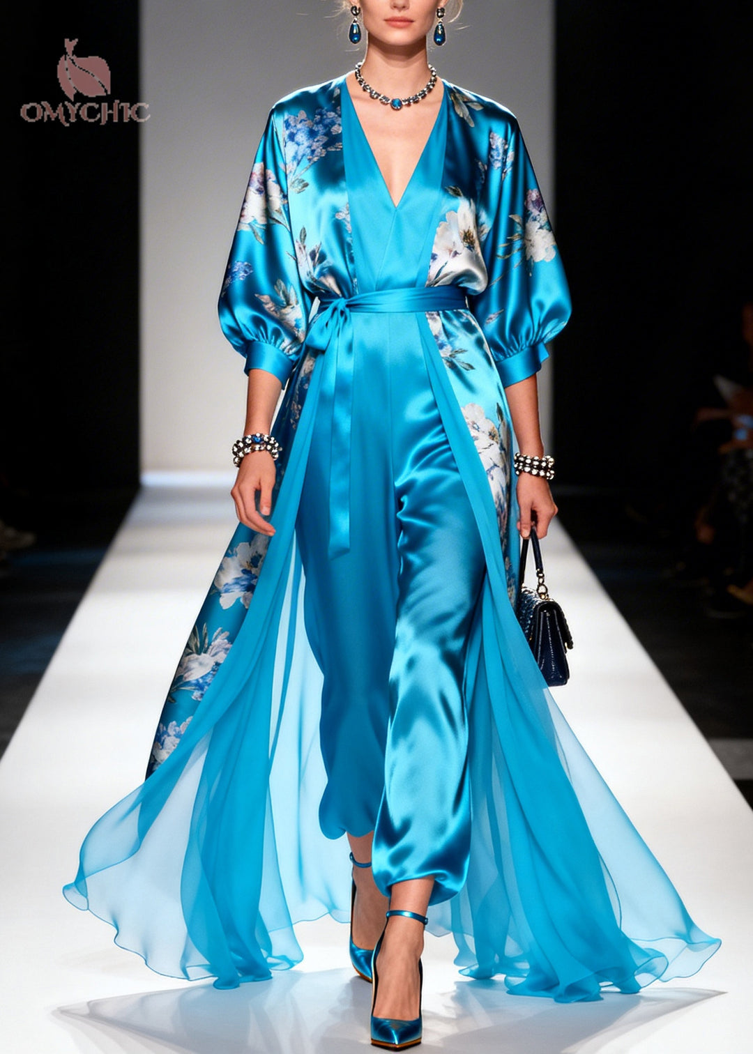 Vintage Blue Print Draping Silk Long Dresses Two Piece Set Summer