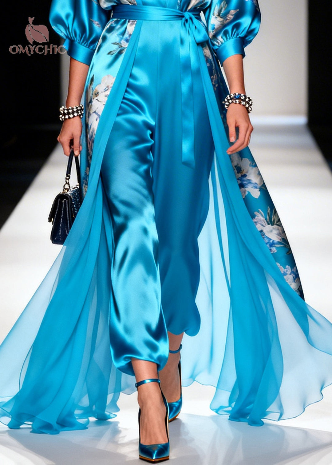 Vintage Blue Print Draping Silk Long Dresses Two Piece Set Summer